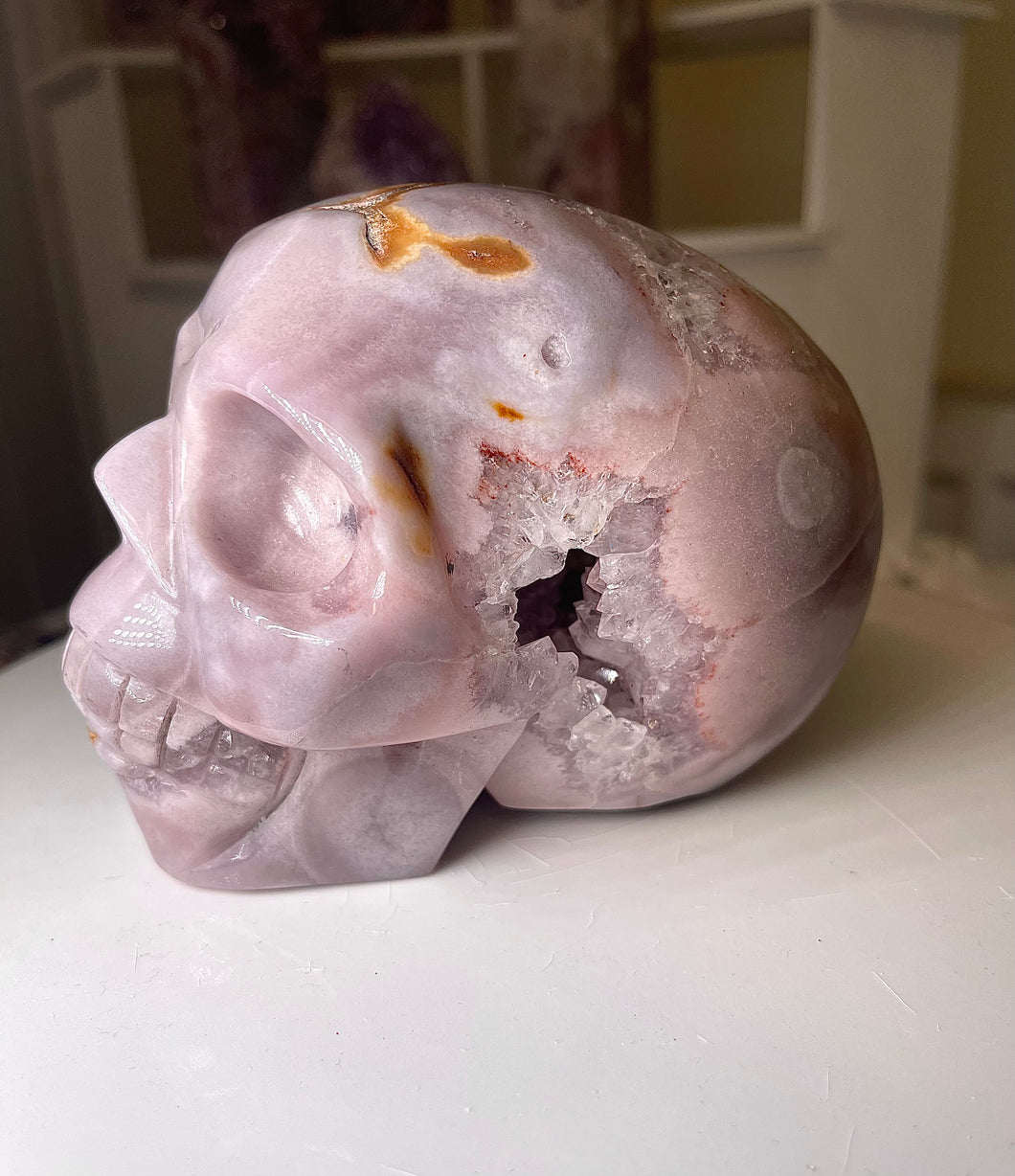Pink Amethyst and Flower Agate Skull